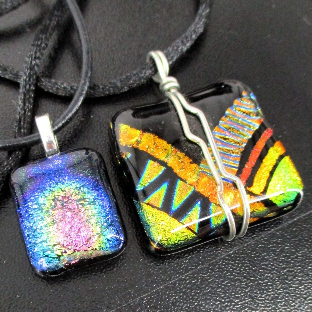 VINTAGE LOT 2x Dichroic Fused Glass Pendants Black Cord Necklaces